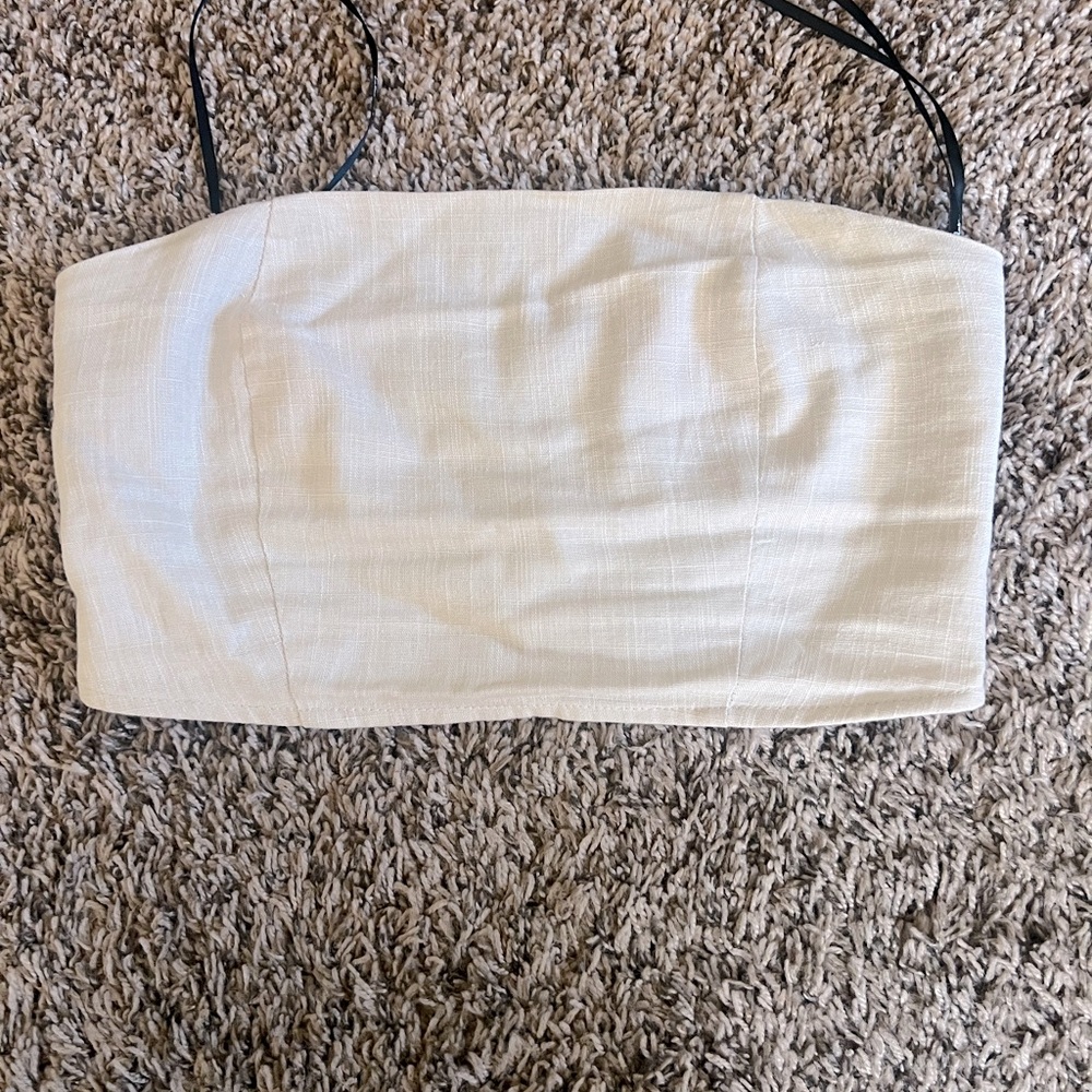 Beige tan cream linen strapless crop top fitted bustier XS beach casual